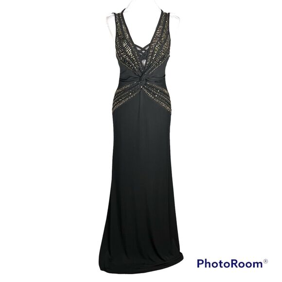 Size M Black Gown Beaded Twist Front Maxi Dress Whimsigoth Fairy Goth Open Back - Picture 1 of 4